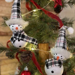 Two Tall Snowmen in Black and White Plaid Hats and Scarves!   10" Ornaments, NEW